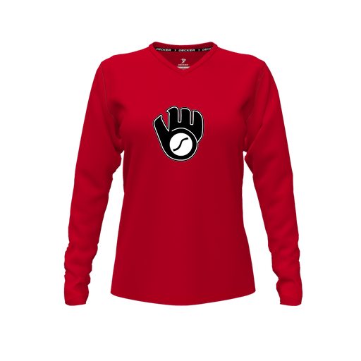 [CUS-DFW-TEES-CMF-VNK-LSL-RED-FYXS-LOGO3] Decker Comfort T-Shirt (Female Youth XS, Red, V Neck, Logo 3, Long Sleeve)